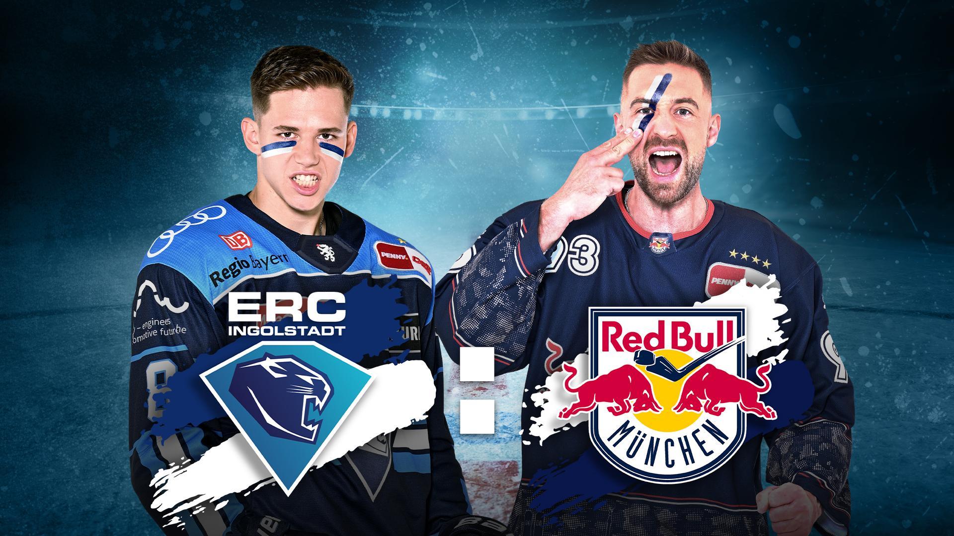Werbegrafik mit Spielern von ERC Ingolstadt und EHC Red Bull München mit Vereinslogos.